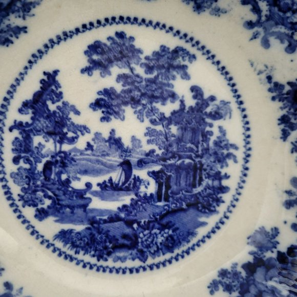 Vintage Flow Blue Serving Bowl by W. Adams & Co. in England, Fairy Villa Pattern - Picture 2 of 10